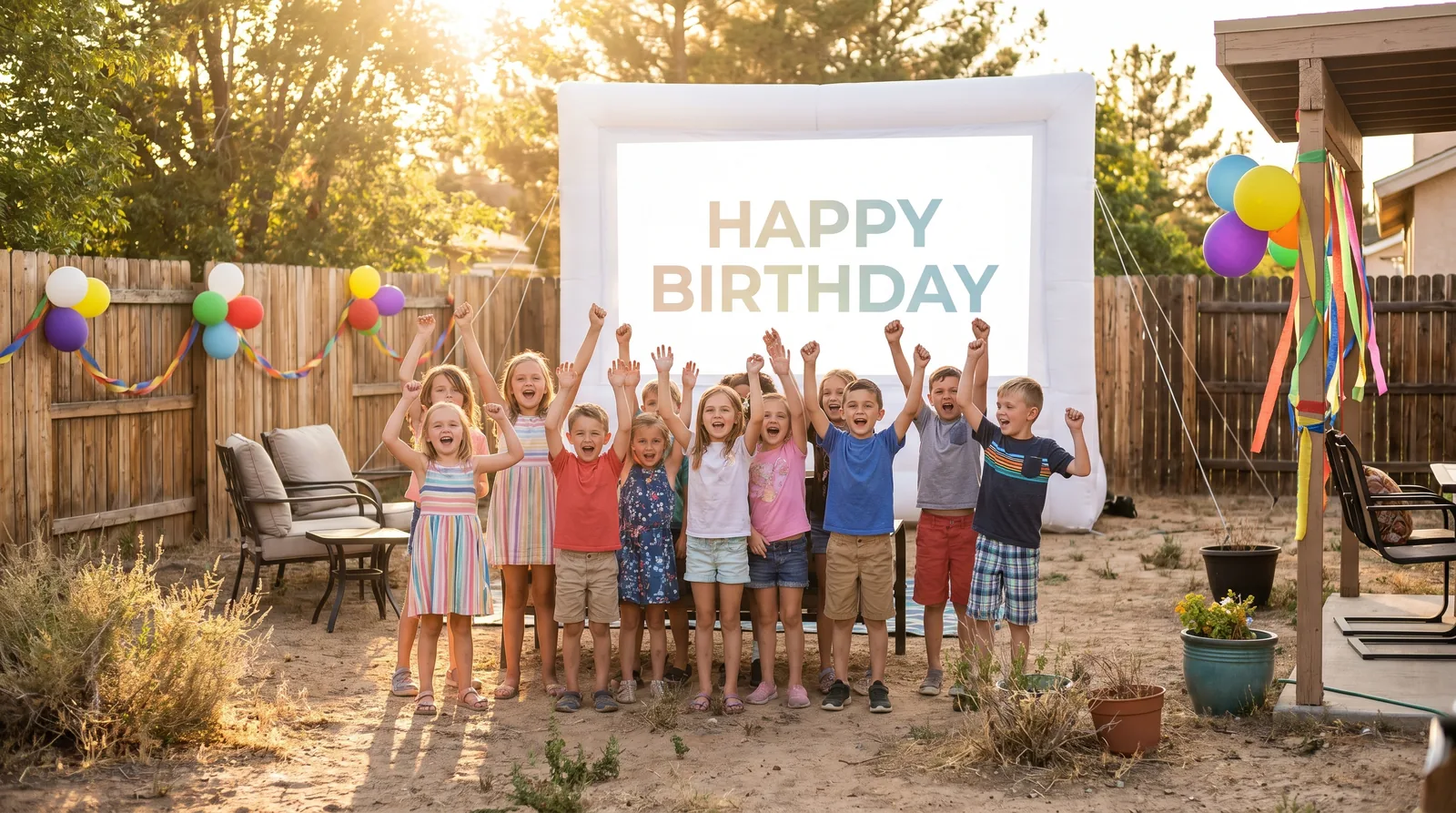 A birthday kid's name on a giant inflatable screen at a High Desert backyard party