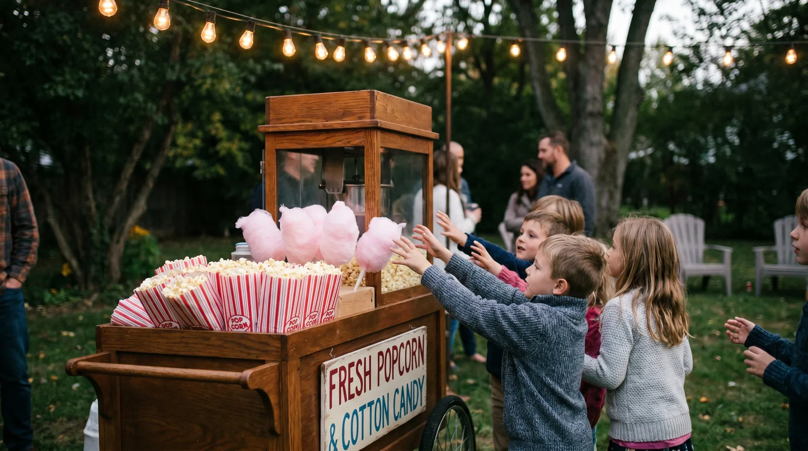 Popcorn and cotton candy concessions cart running all night at a milestone party in Victorville