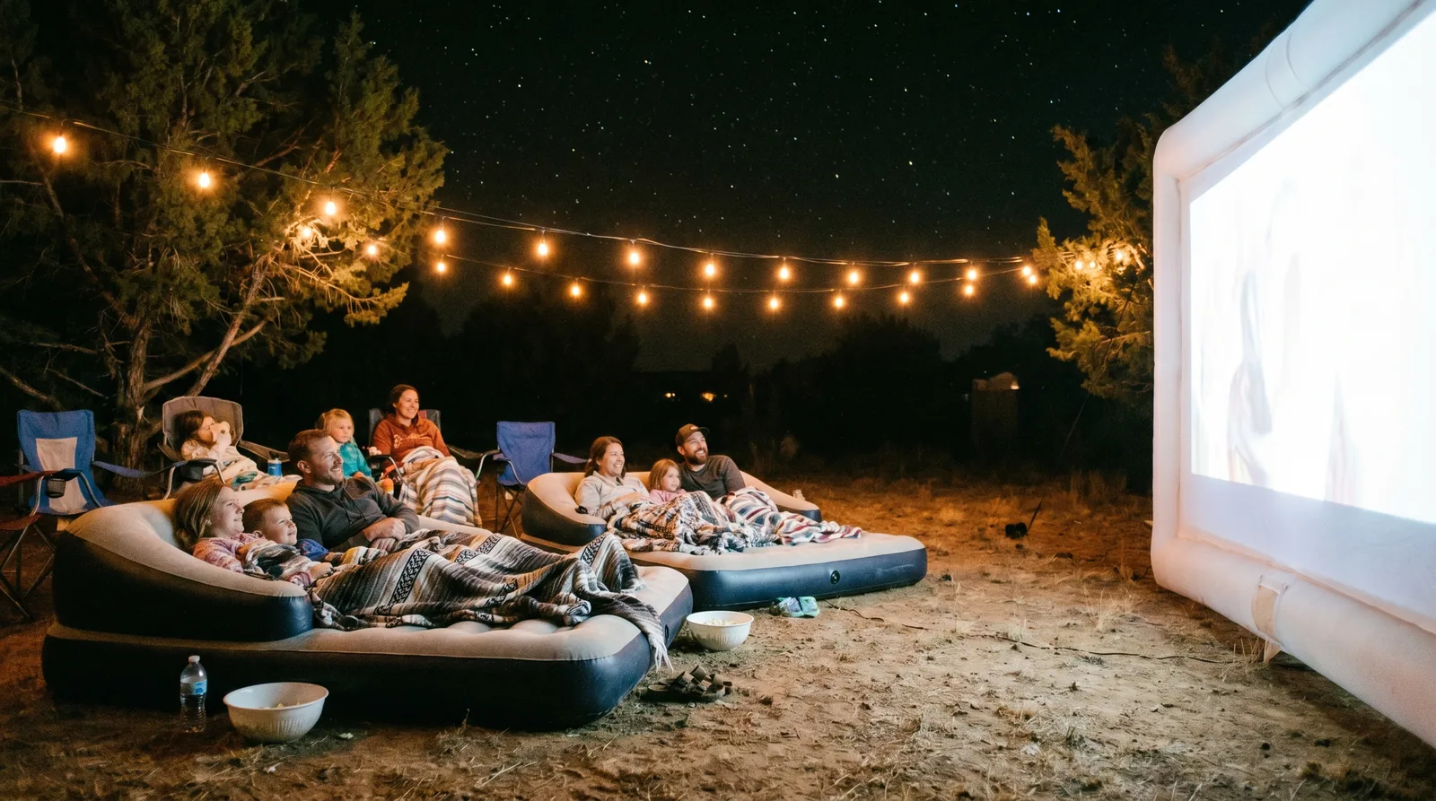 Families under blankets watching a feature movie on a giant inflatable screen to end a backyard birthday