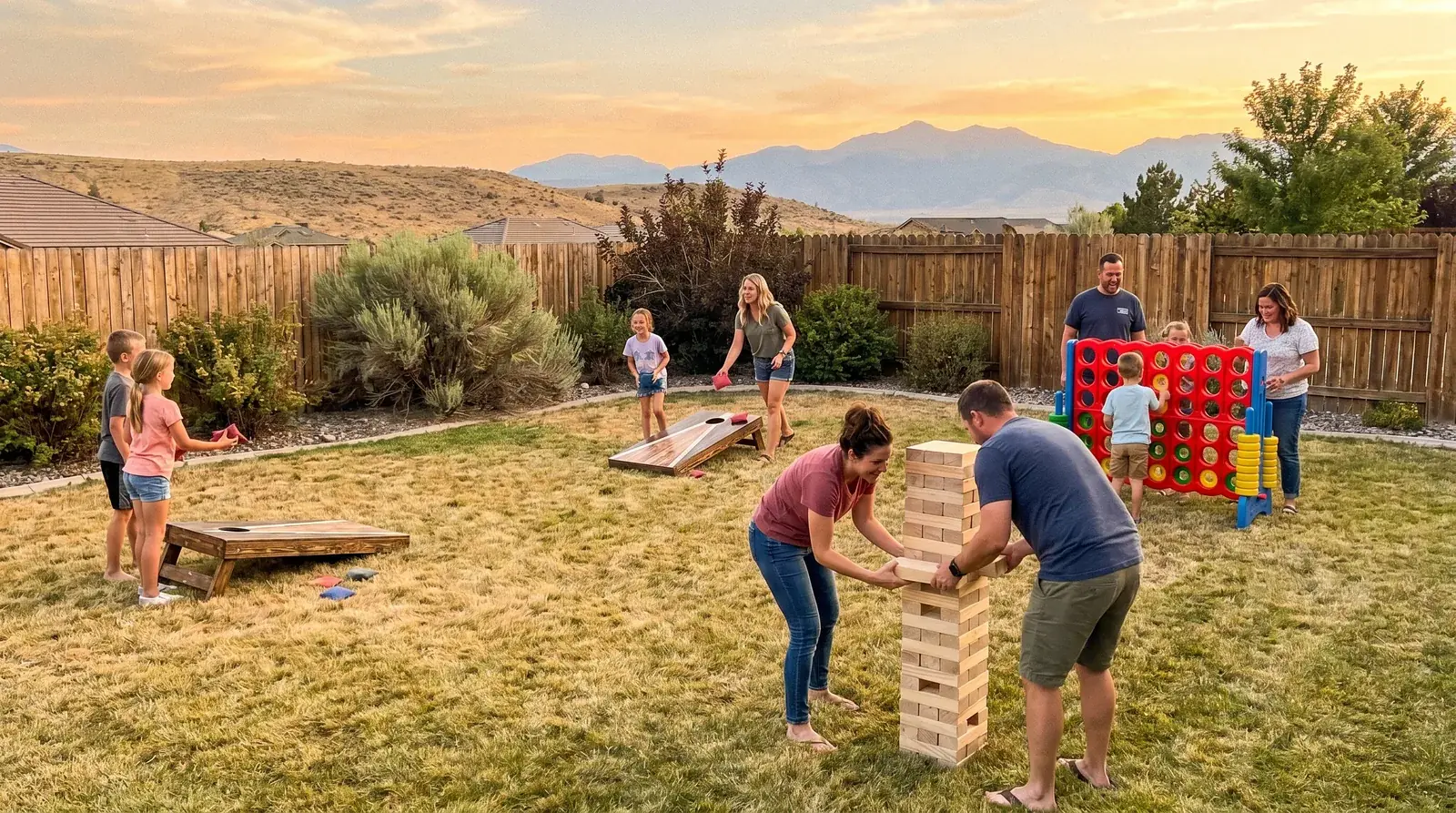Kids and adults playing giant yard games in the daytime at a High Desert Block Party