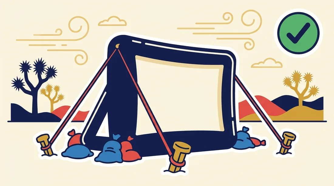 A wind-anchored inflatable movie screen with a go sign and Joshua trees in the High Desert