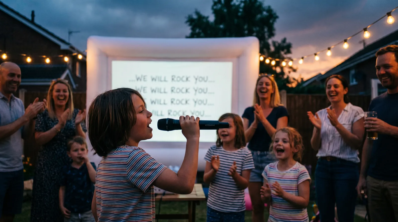 A kid singing into the mic with lyrics on the big inflatable screen at a High Desert Block Party