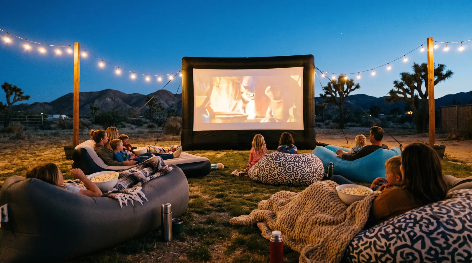 A giant inflatable movie screen glowing in a High Desert backyard at dusk with families on loungers