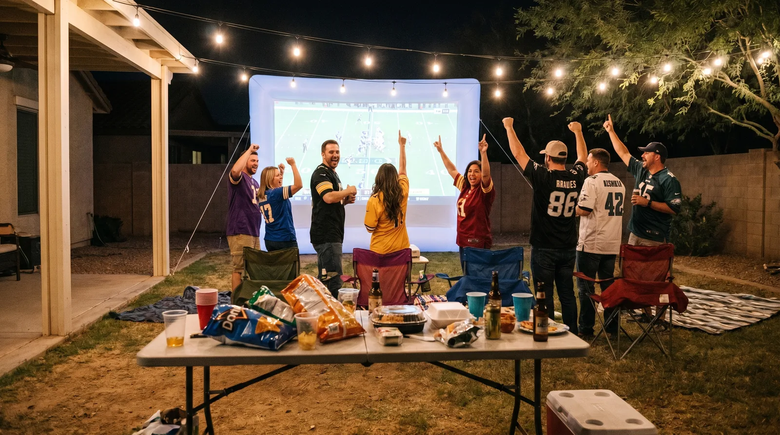 Friends watching football on a giant inflatable screen at a High Desert backyard watch party